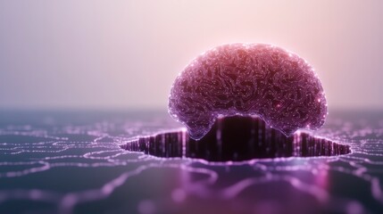 Poster - A vibrant, abstract depiction of a brain-like structure emerging from a digital surface, surrounded by glowing lines and a soft gradient background.