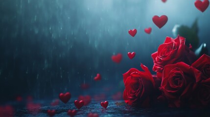 Aufkleber - Deep red roses sit serenely on a wet surface while delicate heart shapes float softly down from above. The dark ambiance creates a romantic and mysterious mood, enhanced by gentle rain.