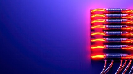 Poster - A vibrant arrangement of illuminated cables against a dark blue background, showcasing technology and electricity in a dynamic visual display.