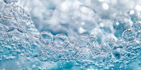 Wall Mural - Close up view of water bubbles creating an intriguing background, showcasing the delicate formations and clear textures of water bubbles in an artistic and visually appealing way.