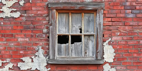 Poster - A window featuring a wooden frame is set against an old red brick wall, showcasing a damaged texture that adds character and charm to the scene. The unique window and wall details are captivating.