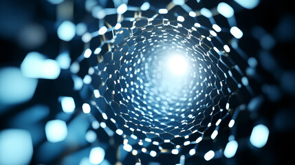 Poster - exploring a vibrant tunnel formed by interconnected hexagonal shapes emitting bright light