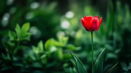 Aufkleber - A single red tulip with a soft focus background of green foliage, minimalist shot, Nature's simplicity style