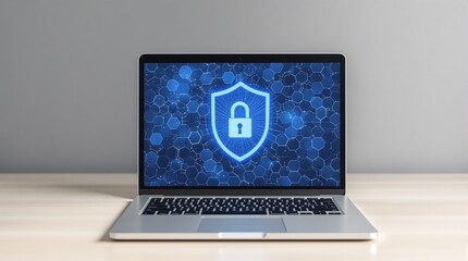 Aufkleber - Laptop screen displaying a security shield with a padlock on a hexagonal digital background.