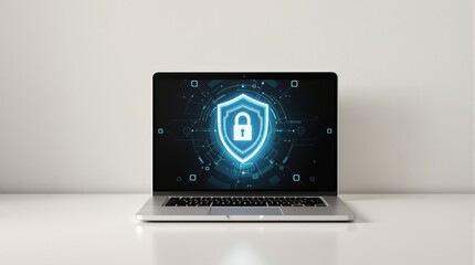 Aufkleber - Laptop screen showing digital shield with padlock on white desk.
