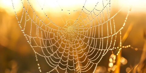 Wall Mural - Close up of a spider web adorned with water drops in the early morning light, showcasing the intricate details of the spider web and the beauty of nature s delicate creations.