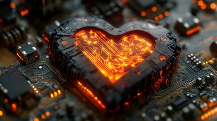 Poster - Black heart symbolizing technology with glowing circuits and intricate design