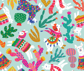 Wall Mural - White llamas, alpacas in winter sweaters, scarf, hats and cactuses isolated on mint background. Pattern Design