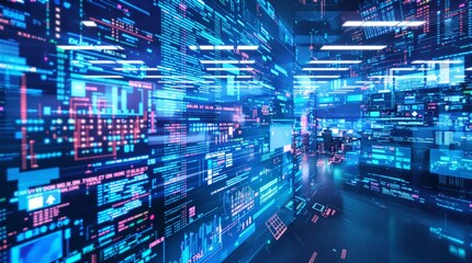 Aufkleber - Futuristic digital control room with glowing holographic data displays.