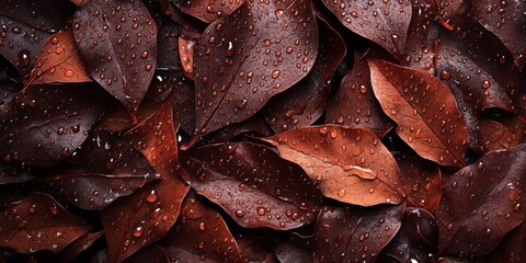 Wall Mural - Water droplets on dark brown leaves create a beautiful natural scene. These water drops on leaves highlight the rich textures and colors, showcasing the elegance of nature s details.