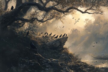 Wall Mural - A group of birds perched on the top of a tree, looking out at the surroundings