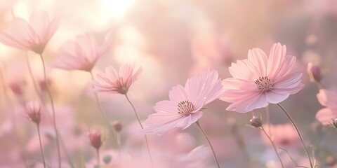 Wall Mural - Delicate cosmos flowers in a natural setting create a sweet, dreamy backdrop with a soft, blurry flower background featuring light pink hues for a serene ambiance.