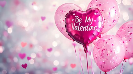 Aufkleber - Vibrant heart-shaped balloons in pink hues float gracefully, featuring a message to be a Valentine. This festive display captures the spirit of love and celebration during Valentine's Day.
