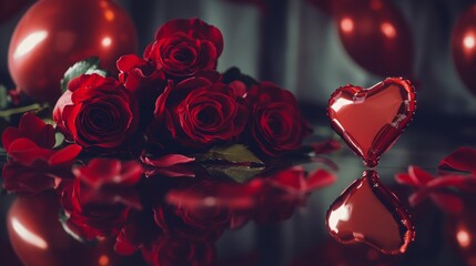 Poster - A collection of deep red roses and heart-shaped candy creates a romantic atmosphere. Soft reflections on a shiny surface enhance the sentiment, ideal for celebrations of love.