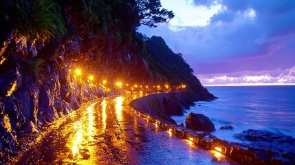 Sticker - Illuminated coastal road at sunset, reflecting lights on wet asphalt.