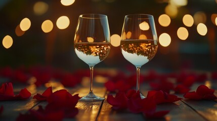 Poster - Two elegant wine glasses sit on a wooden table adorned with scattered rose petals, illuminated by soft background lights during a warm sunset gathering.