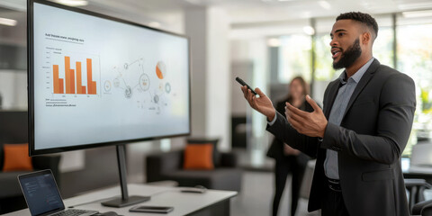 Poster - Consultant presenting data on digital whiteboard in modern office