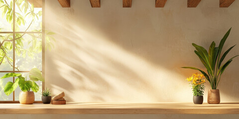 Wall Mural - bright, minimalist interior with plants and wooden beams creating warmth