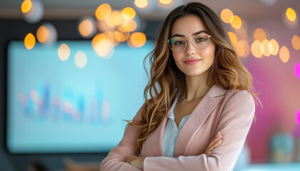 Poster - professional woman confidently presenting data in modern office setting