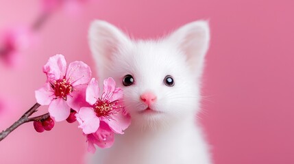 Wall Mural - Adorable white kitten with pink flowers.