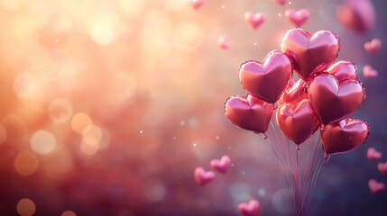 Poster - Floating heart-shaped balloons create a romantic atmosphere against a pastel backdrop filled with soft lights. This festive display evokes feelings of love and joy, perfect for celebrations.