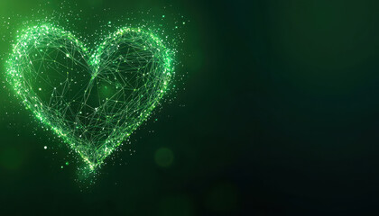 Poster - Glowing green heart made of connected lines and dots on dark background