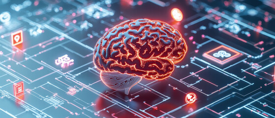 Poster - abstract digital brain with glowing elements on tech background