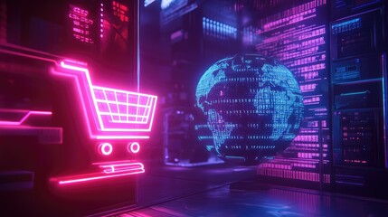 Poster - Futuristic digital shopping experience visualized with a neon shopping cart and a glowing globe, showcasing global commerce and technological advancements in retail.