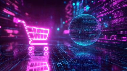 Poster - Futuristic Shopping Experience with Neon Shopping Cart and Digital Globe Representing E-commerce and Technology Advancements in a Cybernetic Environment