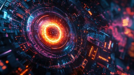 Poster - Futuristic Abstract Composition of a Glowing Energy Core Surrounded by Intricate Digital Patterns and Neon Highlights, Representing Technology and Innovation