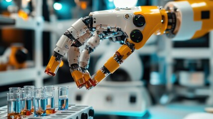 Poster - Advanced robotic hand manipulating test tubes in a laboratory setting showcasing automation technology, innovation in science, and future of experimentation and research