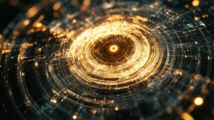 Poster - Abstract digital art depicting a swirling pattern of bright golden light against a dark background, representing concepts of energy, technology, and data visualization in motion.