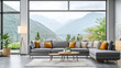 © javu - Modern living room with mountain view, featuring gray sectional sofa and decorative pillows