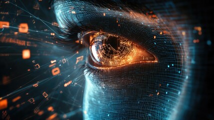 Poster - Futuristic Eye with Digital Elements Representing Artificial Intelligence, Data Visualization, and Technology Innovations in a High-Tech World