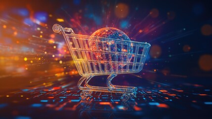 Poster - Futuristic Digital Shopping Cart with Globe Representing Global E-commerce and Online Retail Trends Surrounded by Colorful Light Effects and Abstract Data Background