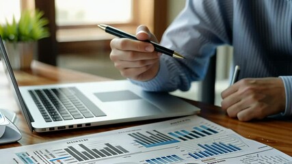 Poster - A business professional takes notes on detailed charts and graphs while working on a laptop in a bright and organized office setting during the morning.
