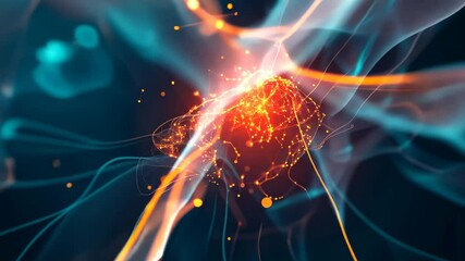 Poster - This vivid digital artwork depicts neurons firing and transmitting signals, showcasing intricate connections in an abstract style, illuminated by blue and orange hues.