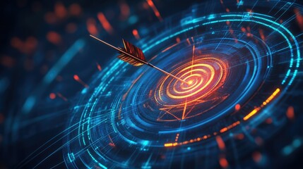 Poster - Futuristic Digital Target with Arrow Hitting Center, Abstract Circular Design, Neon Lights and Glowing Elements in High-Tech Environment for Visual Themes of Precision and Focus