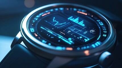 Poster - Close-up View of a Futuristic Smartwatch Displaying Data Metrics and Graphs with a Minimalist Design in a Dark Background
