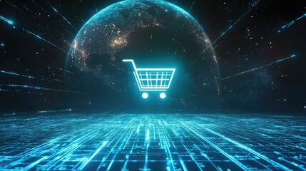 Poster - Futuristic Digital Shopping Concept with Glowing Cart Icon Against a Starry Globe Background, Ideal for E-Commerce and Technology Themes