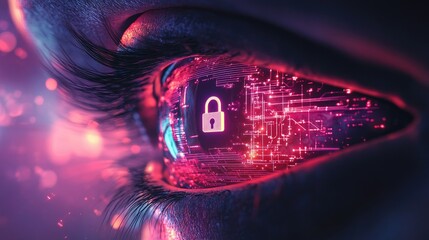 Poster - Close-Up of a Human Eye with Digital Lock Symbol, Cybersecurity Concept, Abstract Technology Background Illustrating Privacy Protection and Information Security Themes