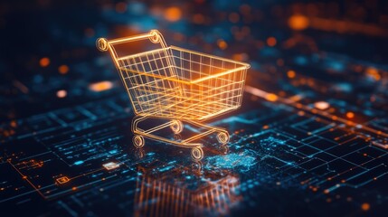Poster - Digital Shopping Cart on Abstract Technology Background with Glowing Elements and Circuit Patterns for E-commerce and Online Retail Concept