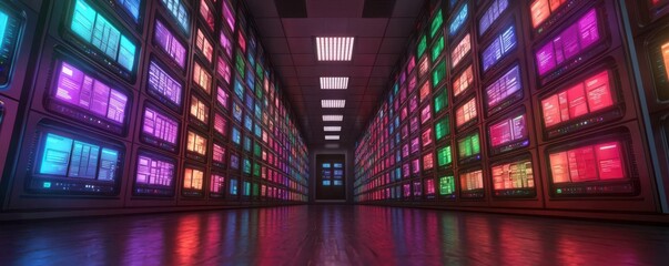 Poster - Exploring neon tech displays in a modern data center digital environment aesthetic perspective technology concept