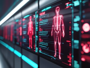 Poster - Analyzing human anatomy data virtual laboratory infographic displays sci-tech environment close-up view medical insights