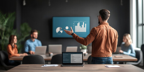 Poster - Entrepreneur presenting data in modern meeting room with colleagues