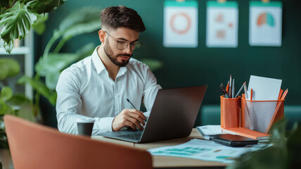 Poster - Entrepreneur in stylish workspace reviewing strategies and plans