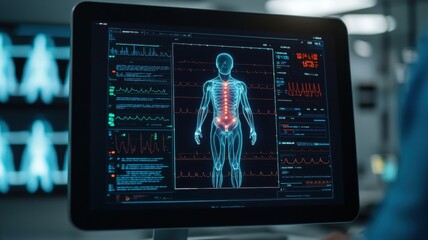 Poster - Medical technology advancements human body analysis healthcare facility digital illustration clinical environment front view