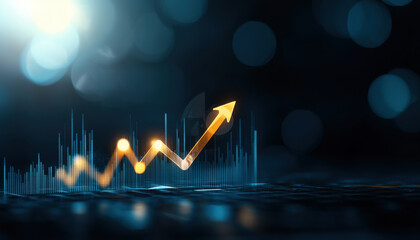 Poster - Financial growth represented by upward arrow and graphs in blue