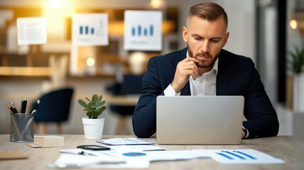 Poster - Focused entrepreneur working at laptop in modern office space