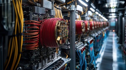 Poster - Intricate Network of Colorful Cables and Circuit Boards in a High-Tech Data Center Showcasing Advanced Technology and Precision Engineering
